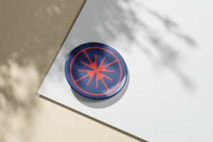 red and blue logo mark on a mockup